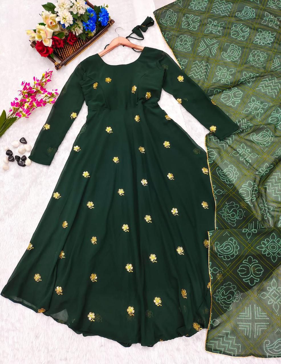 Pista Green Printed Long Anarkali Kurti In Soft Silk